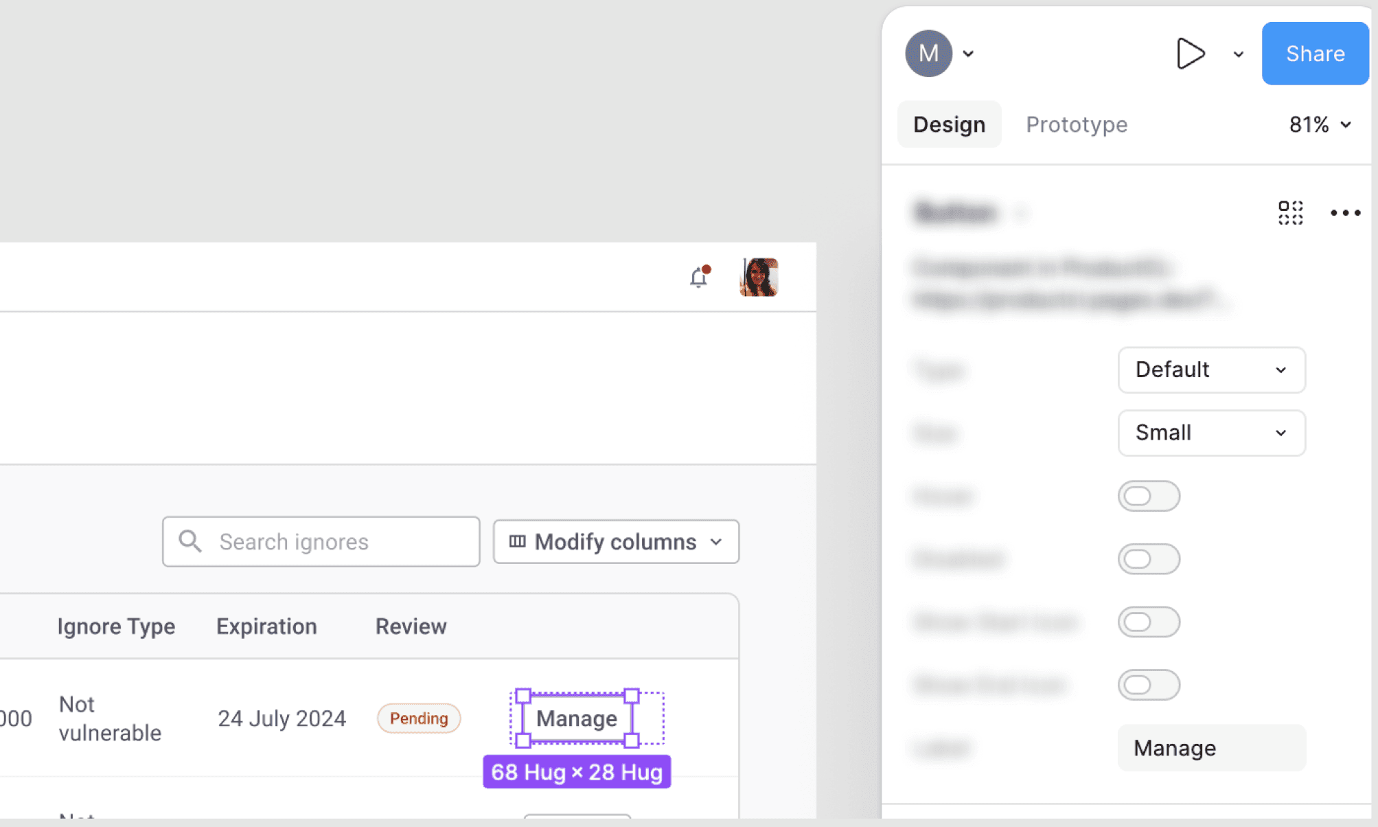 A button selected in the generated Figma design, showing its design system component properties