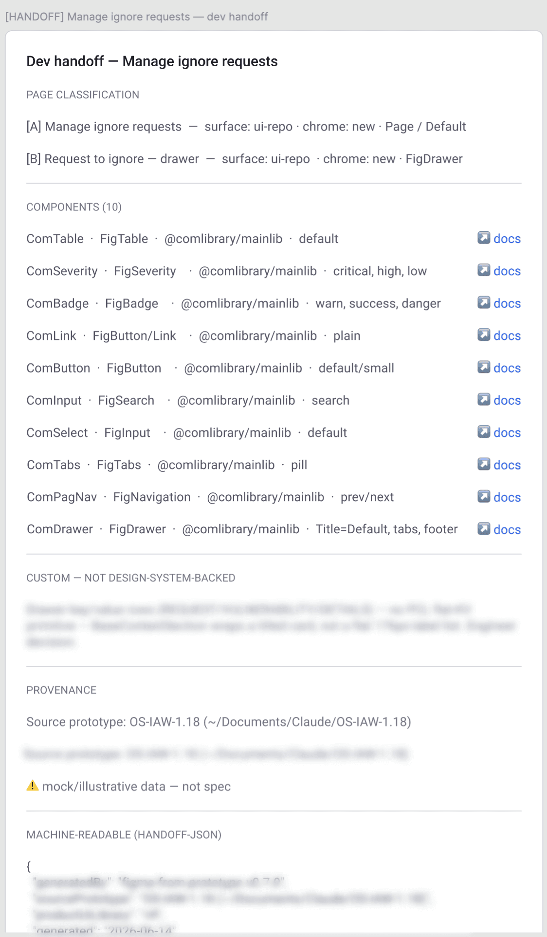Handoff section of a generated Figma file