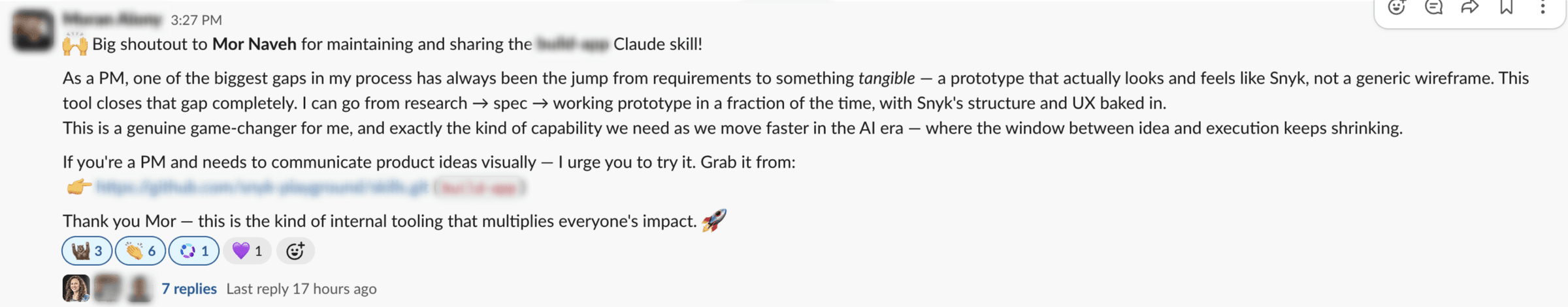 Slack message from a PM praising the prototype builder