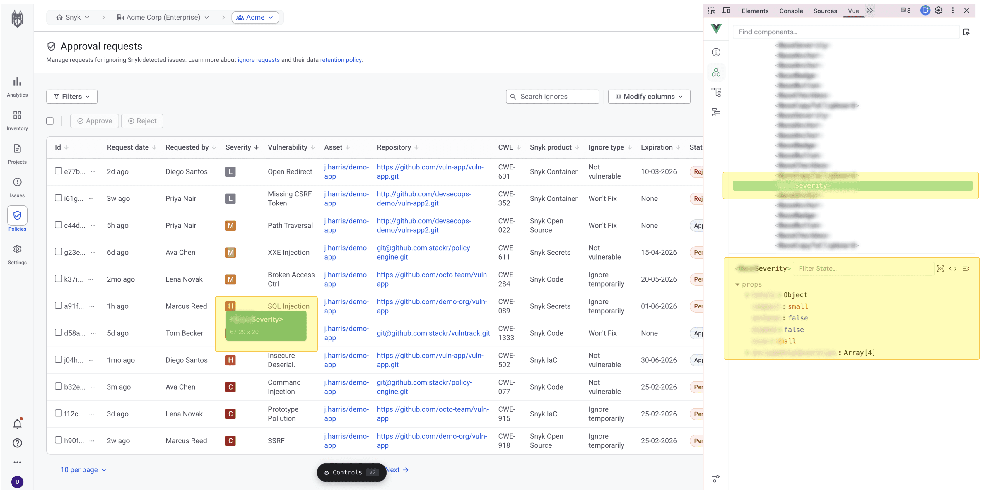 Prototype open with developer tools showing component names and variants