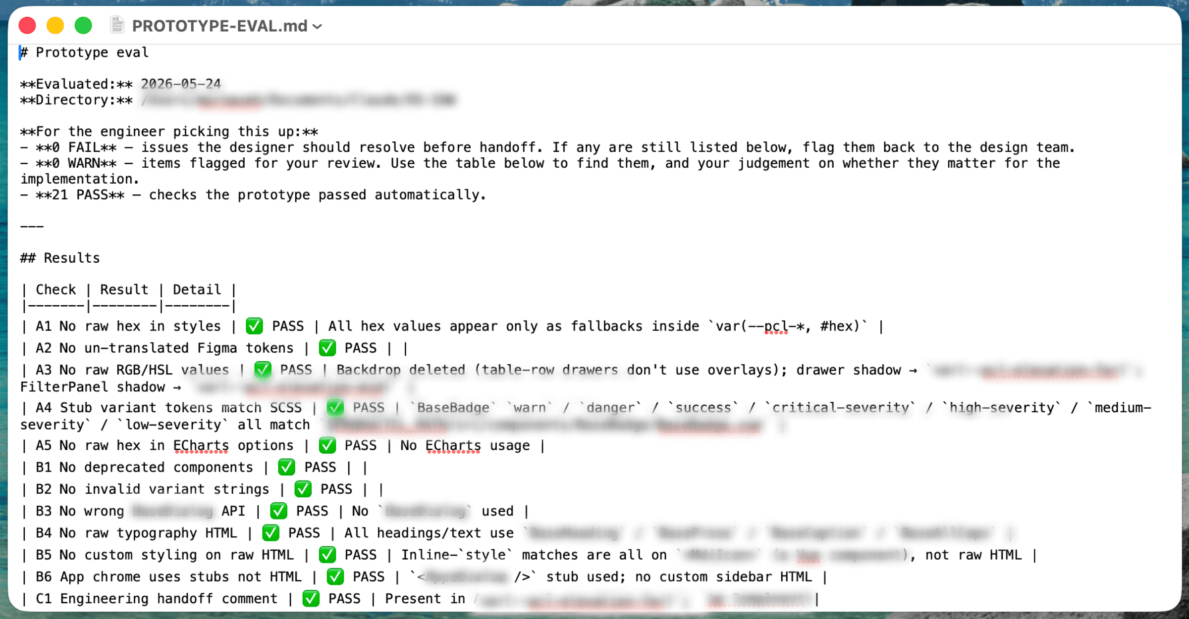 Evaluation file listing passed and failed checks