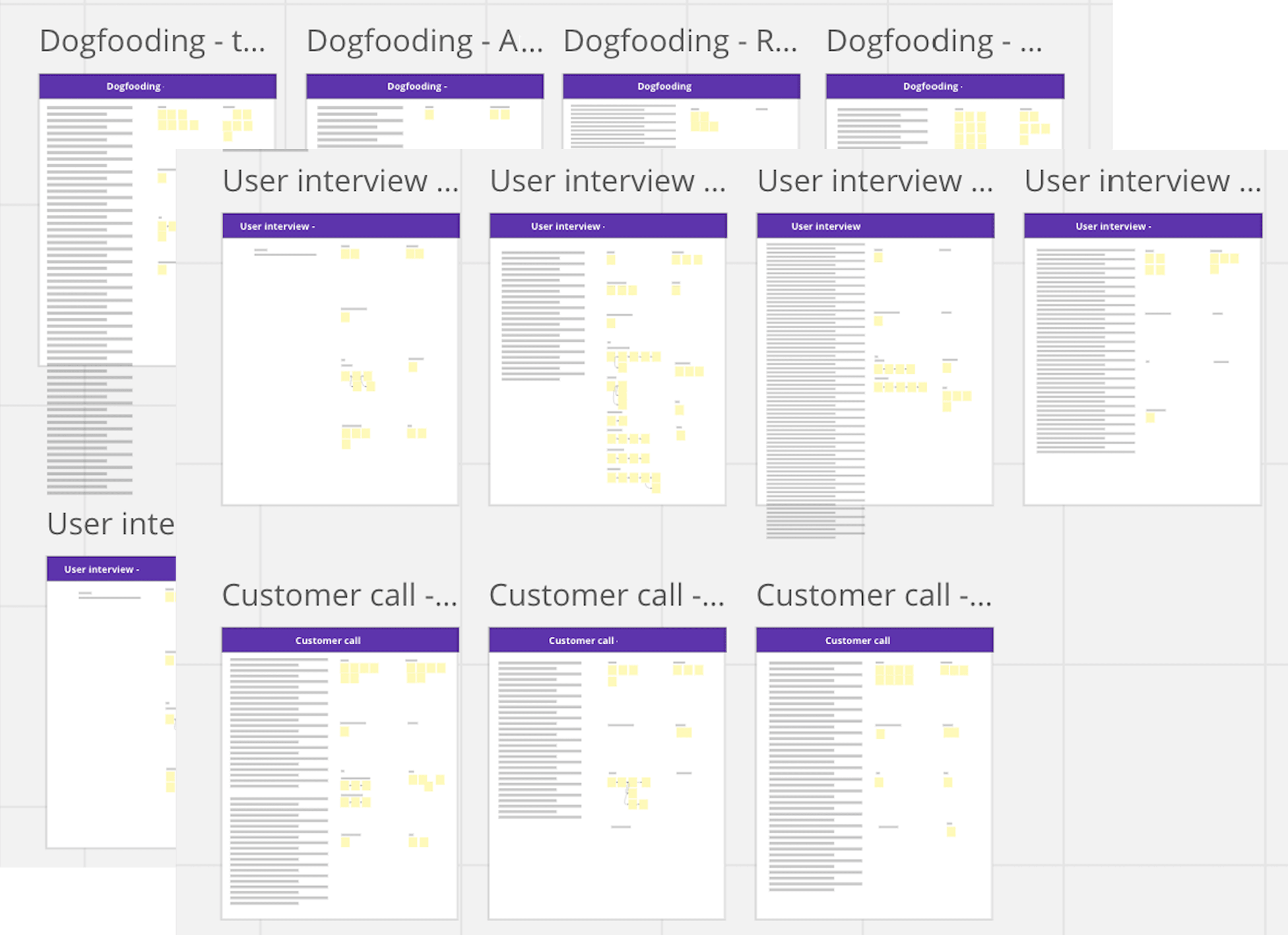 Interview note boards for dogfooding sessions, user interviews and customer calls