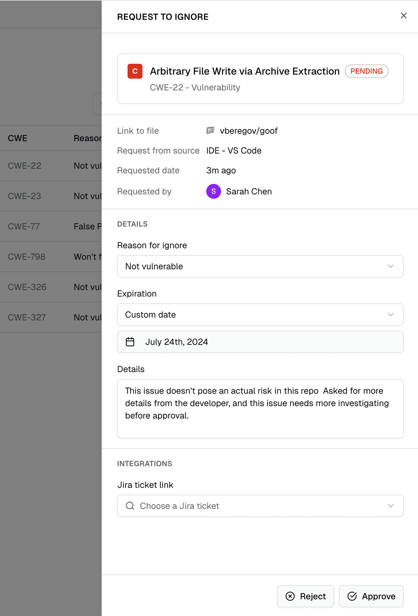 Early concept for viewing an ignore request