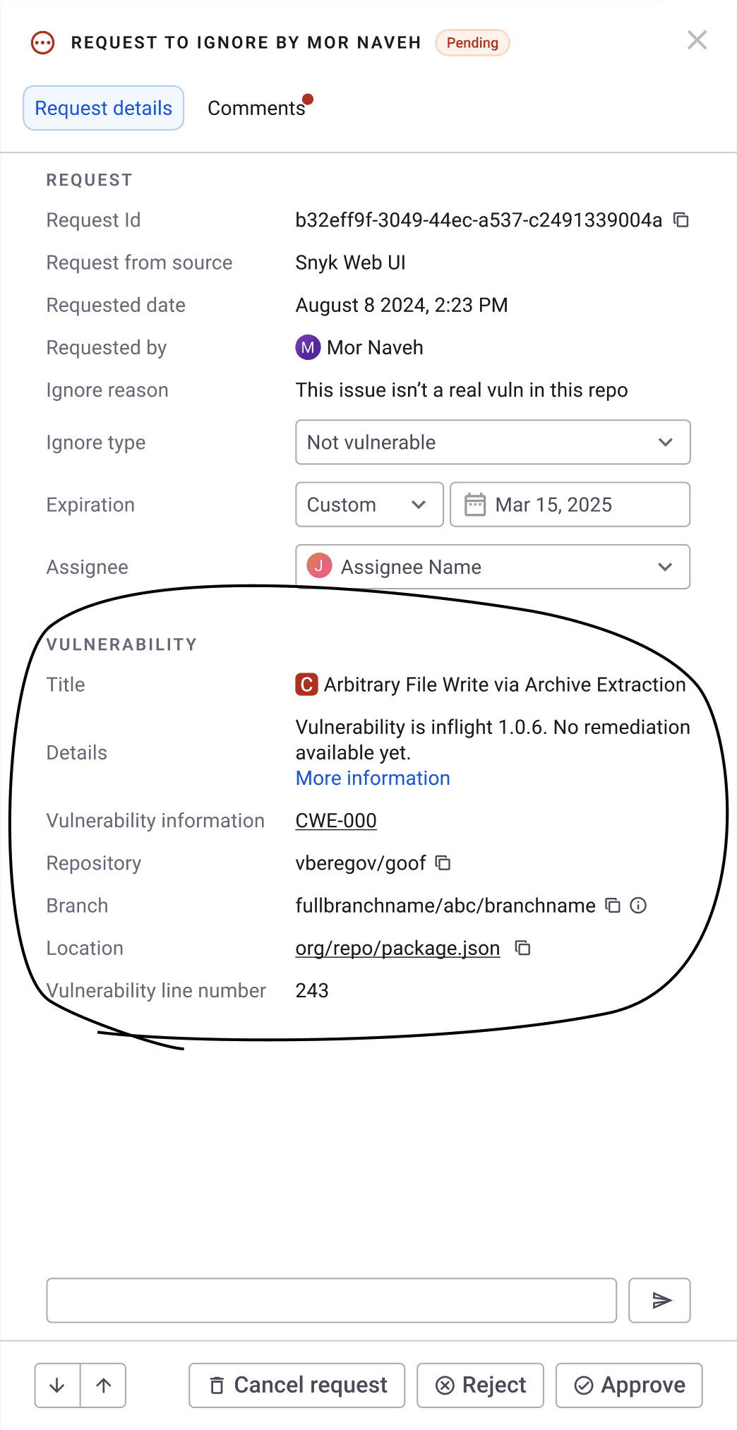 Annotated screenshot highlighting the expanded vulnerability details