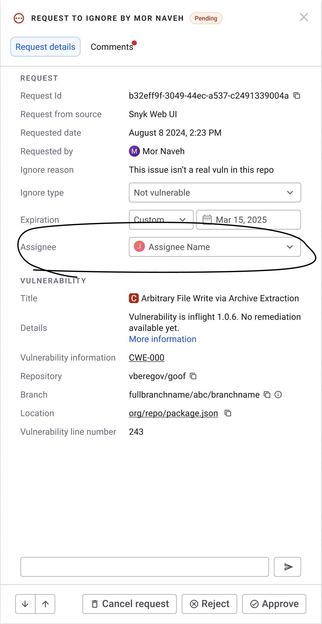 Annotated screenshot highlighting the new assignee field
