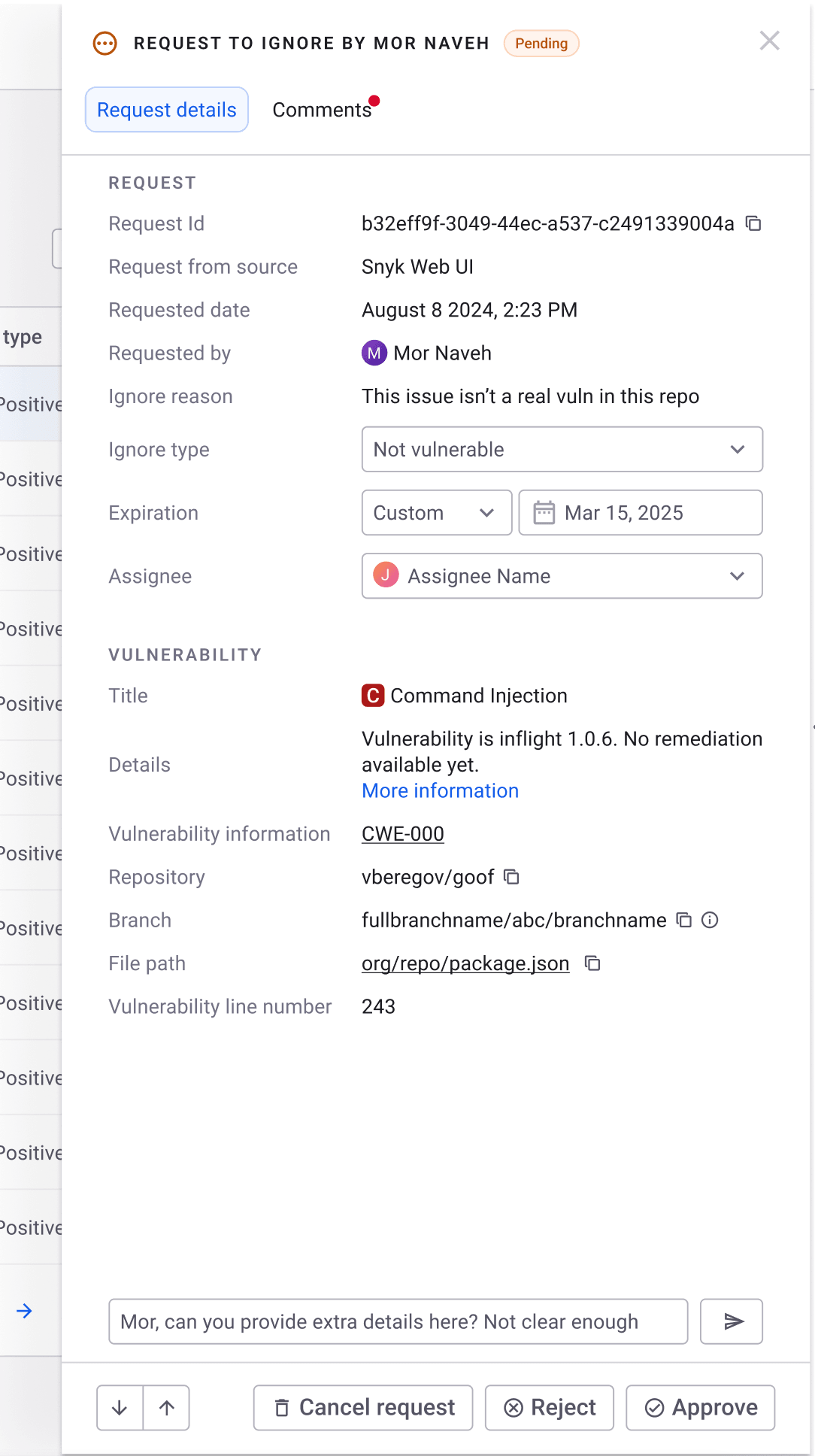 Updated ignore request detail panel with assignee field