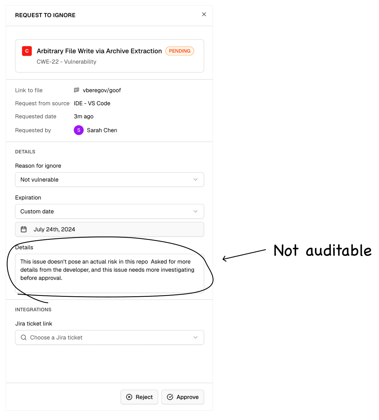 Annotated screenshot noting the Details field is not auditable
