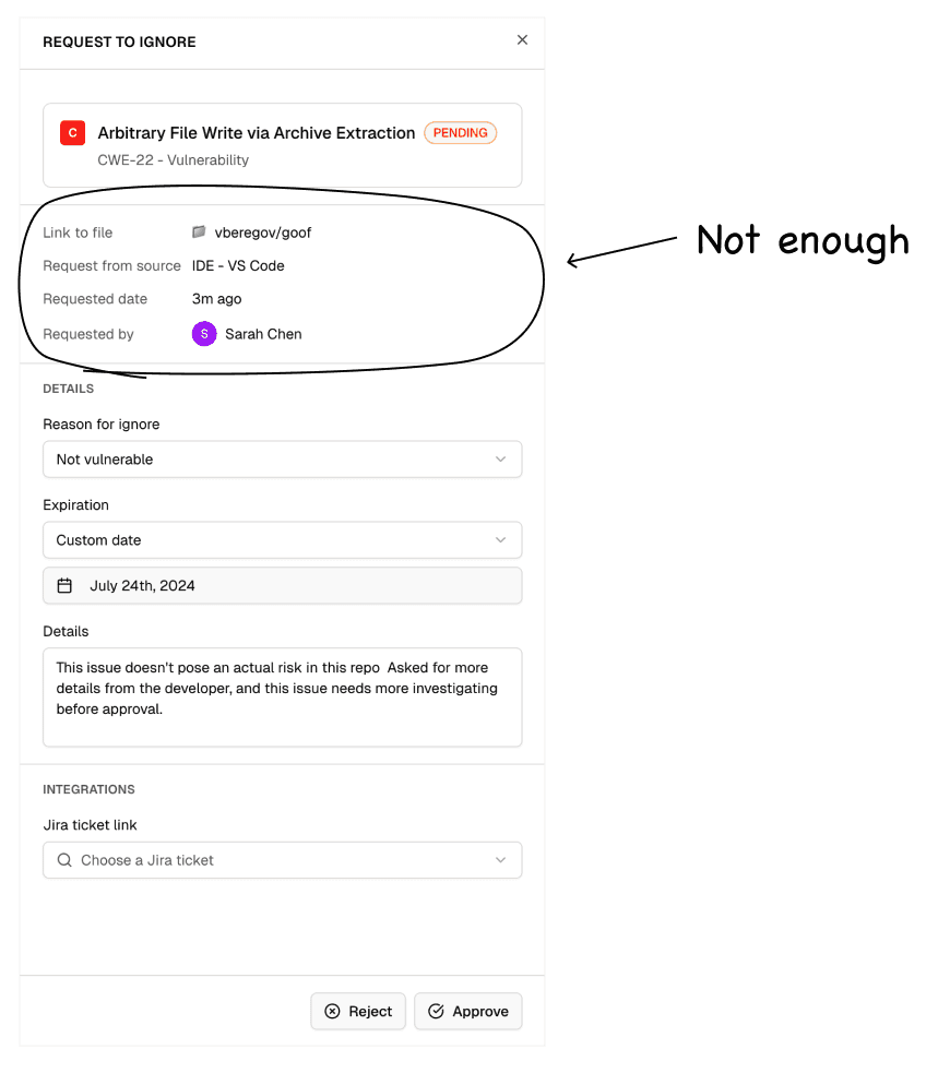 Annotated screenshot noting the request context is not enough