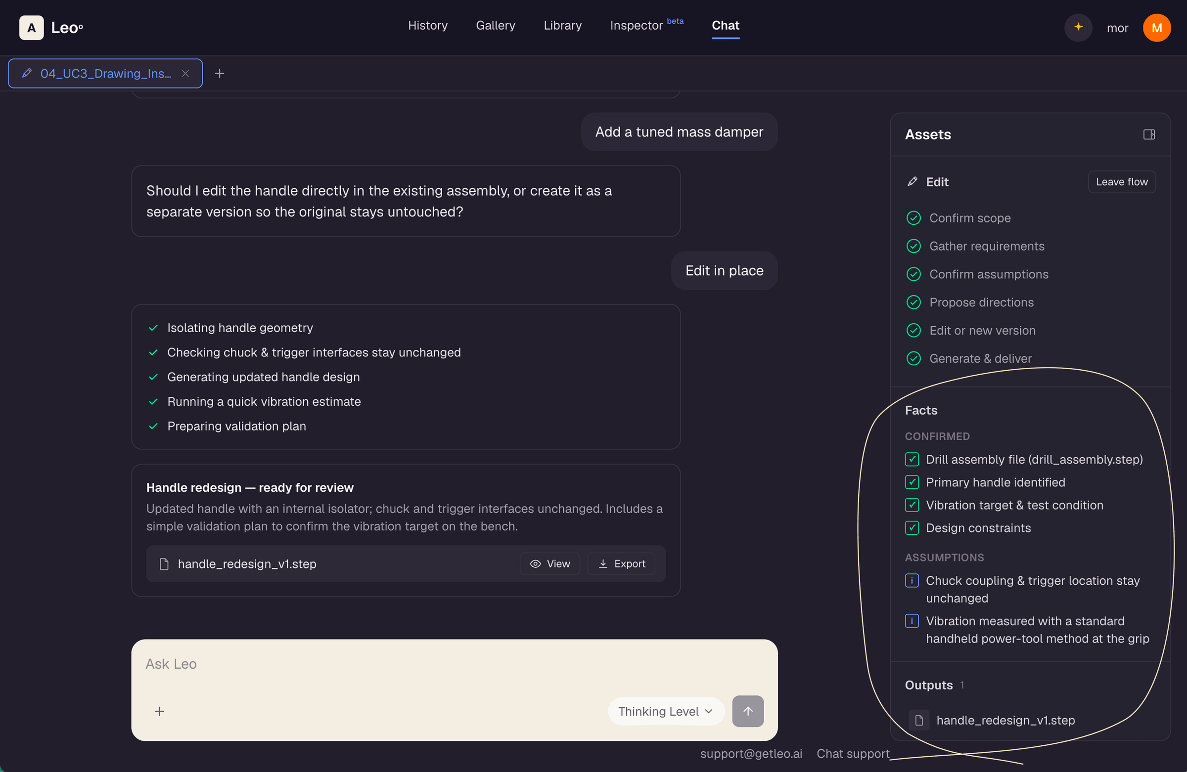 Completed Edit flow with assumptions and outputs listed in the sidebar