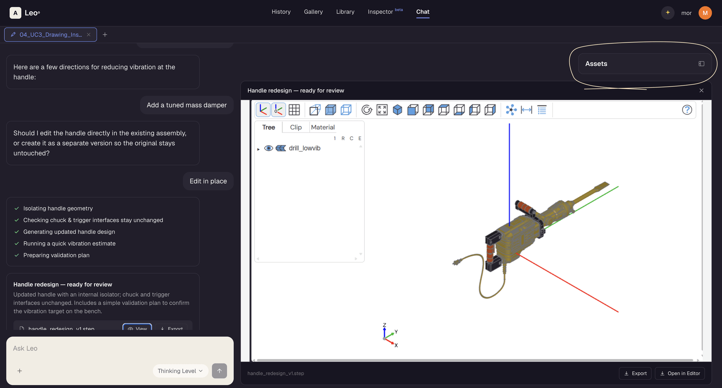 CAD preview open with the sidebar folded to the side