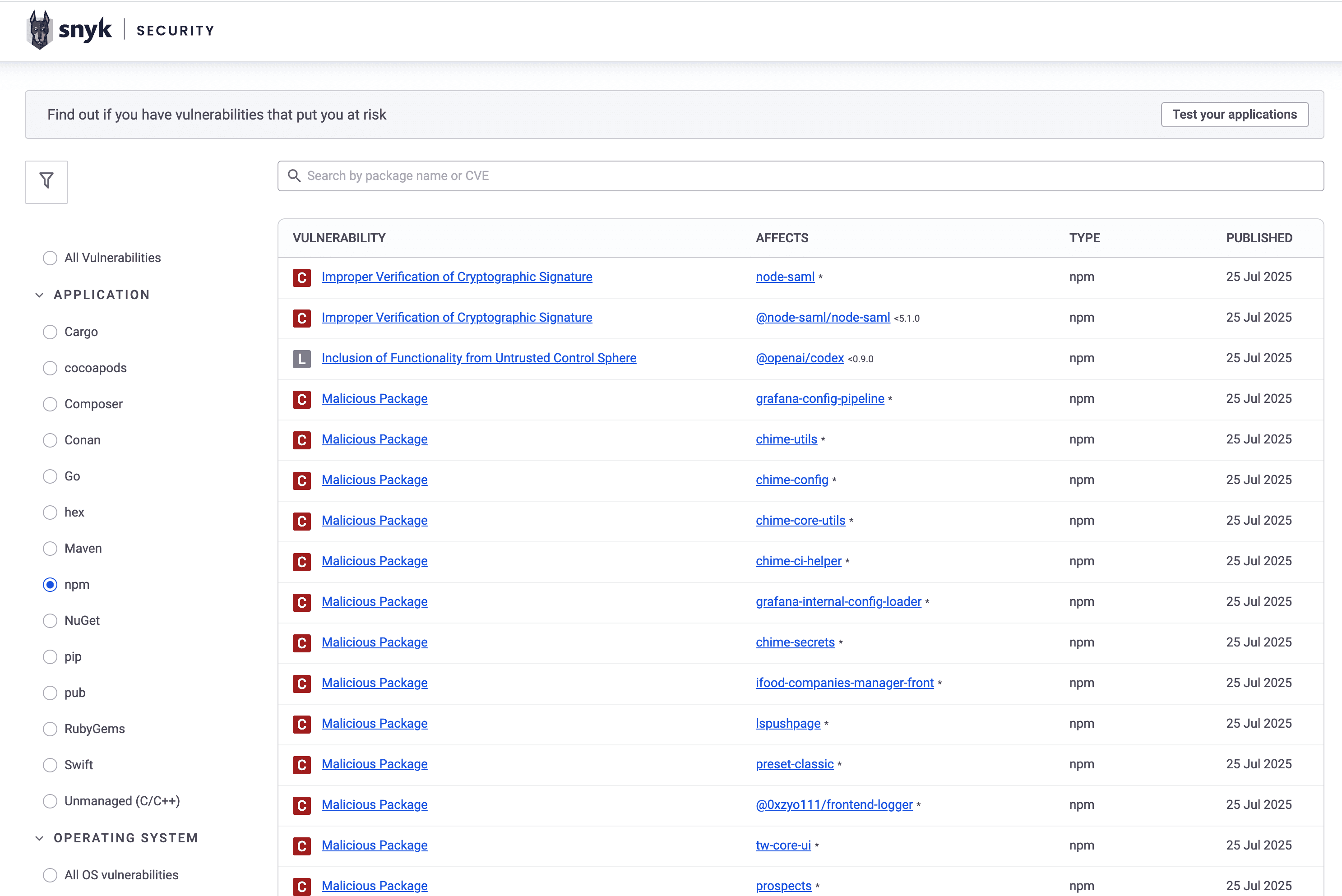 The current search design, a table of vulnerabilities