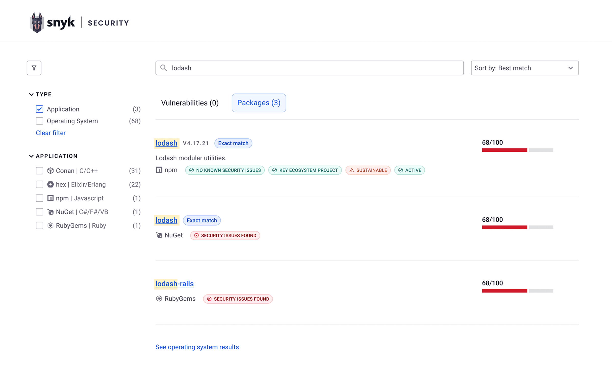 Package search results for lodash with exact match labels, security tags and health scores
