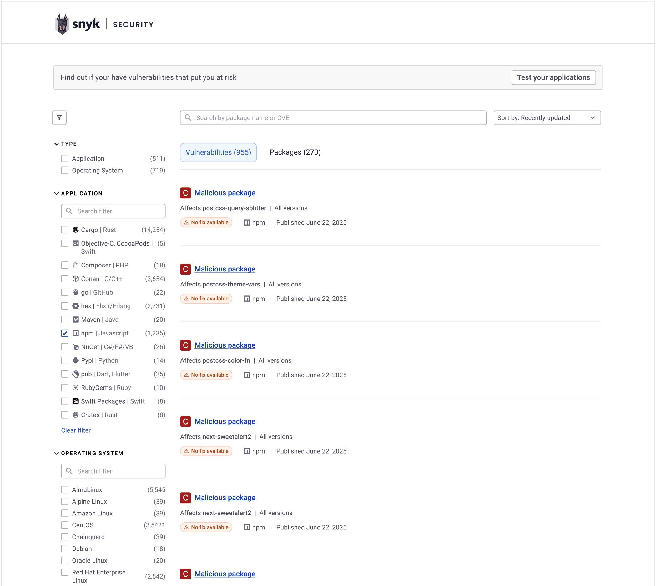 Browsing all results for a package manager with filters