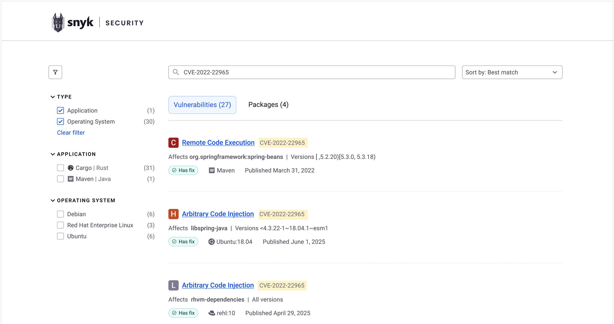Search results for a CVE, showing a single vulnerability result