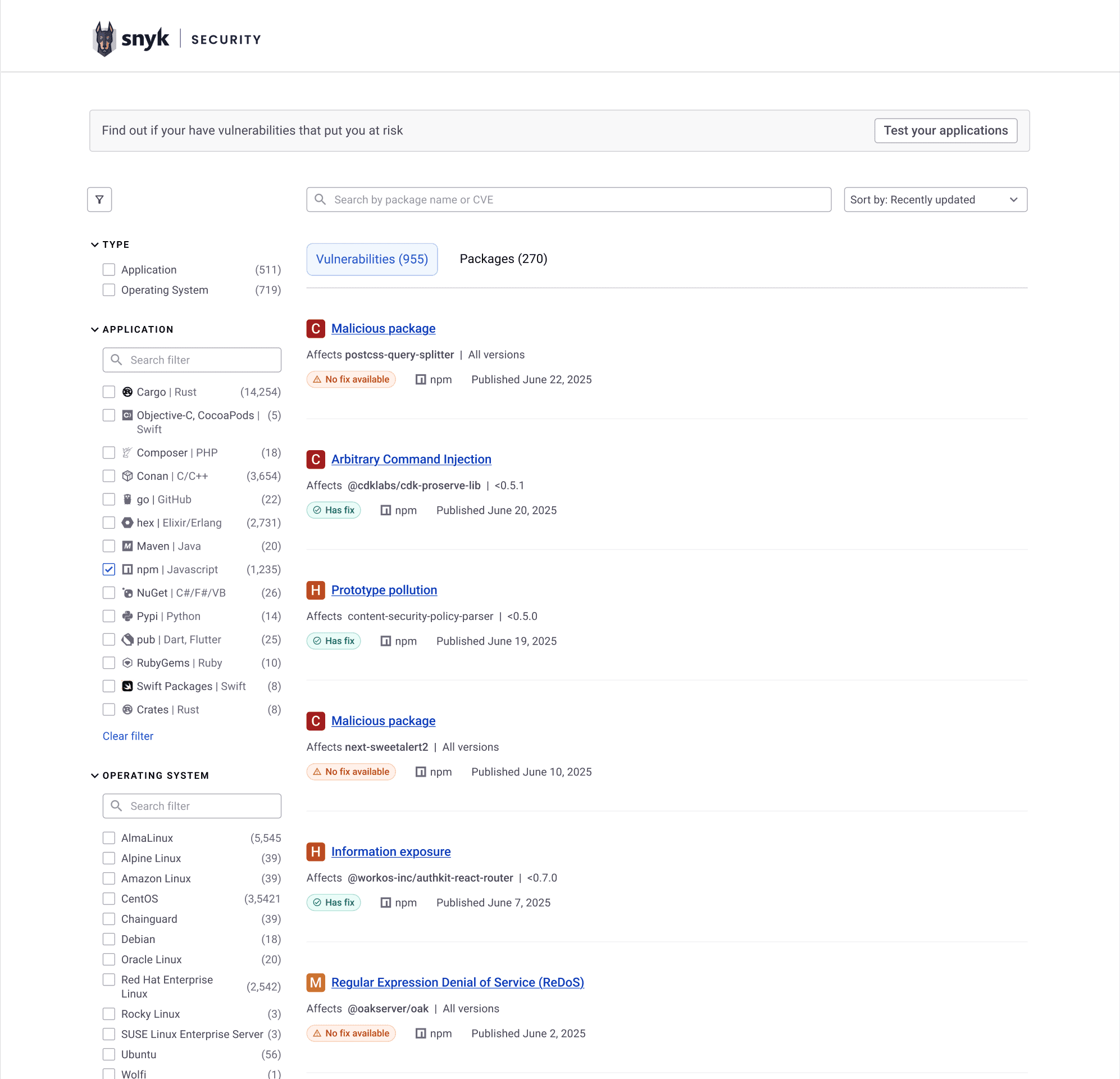 Browsing the latest vulnerabilities in a package manager