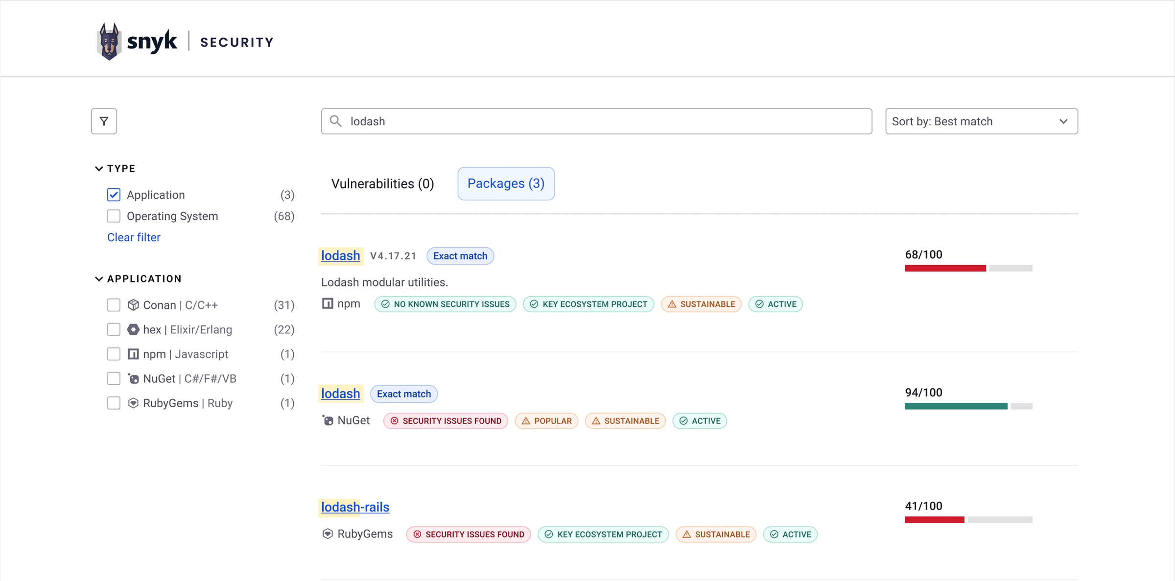 Package search results with health scores and status tags